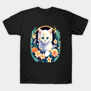 Beautiful white ktiten surrounded by spring flowers T-Shirt